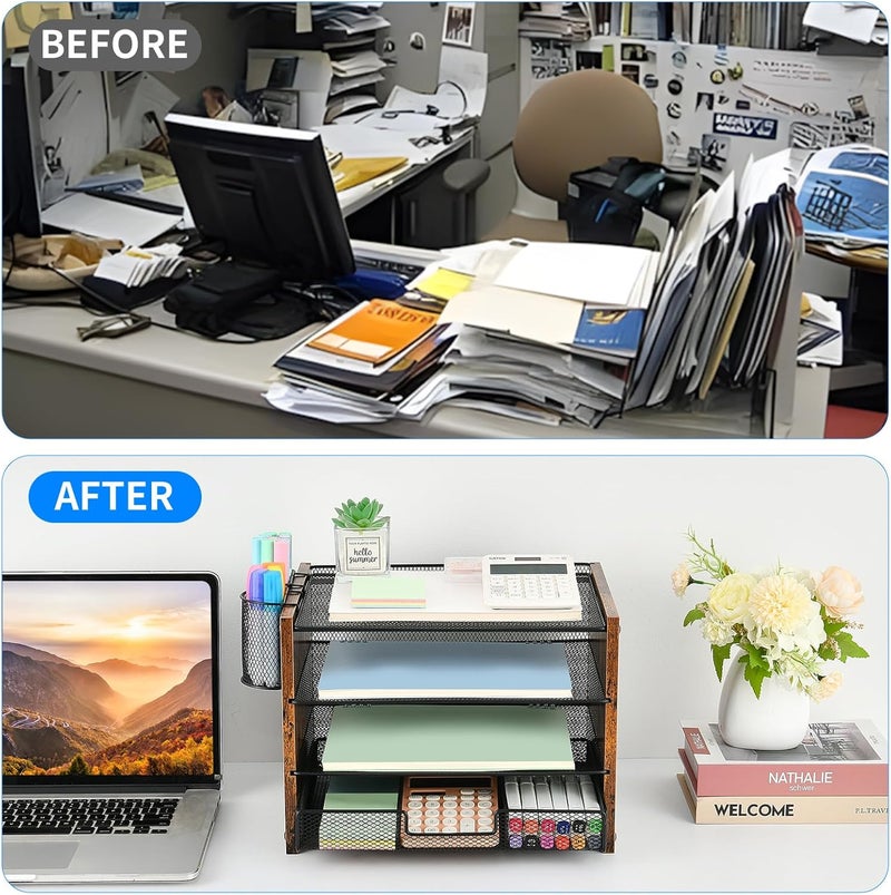 OPNICE OPNCIE Desk Organizer and Accessories, 4-Tier Paper Letter Tray File Organizer with Drawer & 2 Pen Holder, Office Desk Accessories Workspace Desktop Organizer for Office Supplies(Brown) - Image 2